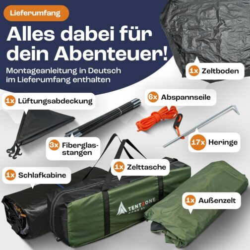 TENTZONE Dome 01, Waterproof 4000 mm, 2-3 Person Camping Tent, Entrance Room with Removable Groundsheet, Ventilation Holes, Green – Bild 6