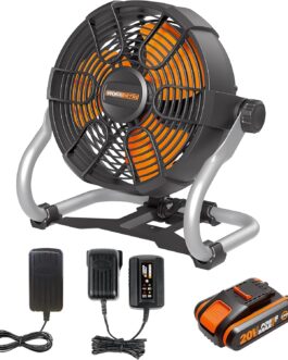 WORX Nitro WX095 Battery Construction Site Fan 20 V, Max. 6 Hours Operating Time, 2 Speed Settings, 360° Rotating Head (Including 1 x 2Ah PowerShare Battery, 1 x Charger and 1 x Power Adapter)