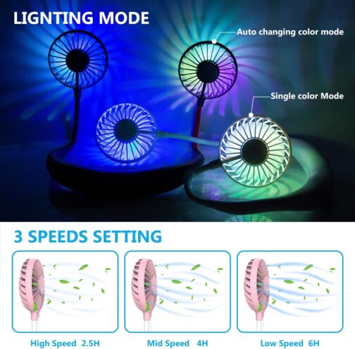 Portable Fan, Mini USB Fan Hands, Rechargeable, Neck Band / Desk Fan, 3 Speeds, LED Light, pink – Bild 3