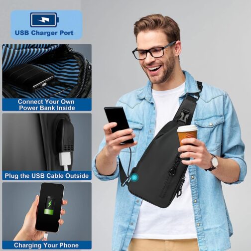 Lidxfeo Anti-Theft Multipurpose Crossbody Bag, Waterproof Chest Bag, Men's Shoulder Bag with USB Charging Port, Multiple Pockets, Sling Backpack, for Hiking, Travel, Climbing, etc, black, Black 2.0 – Bild 3