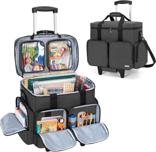 CURMIO Scrapbook Rolling Totes, Scrapbooking Storage Bag with Removable Trolley, Handmade Bag for Scrapbooking Accessories and Crafts, Black