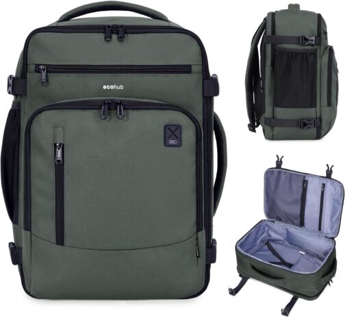 ECOHUB Backpack 40 x 20 x 25 cm for Ryanair Aeroplane Travel Backpack Hand Luggage Laptop Daypacks PET Recycled Environmentally Friendly Backpack Waterproof Under Seat 20 L Women Small, Army Green
