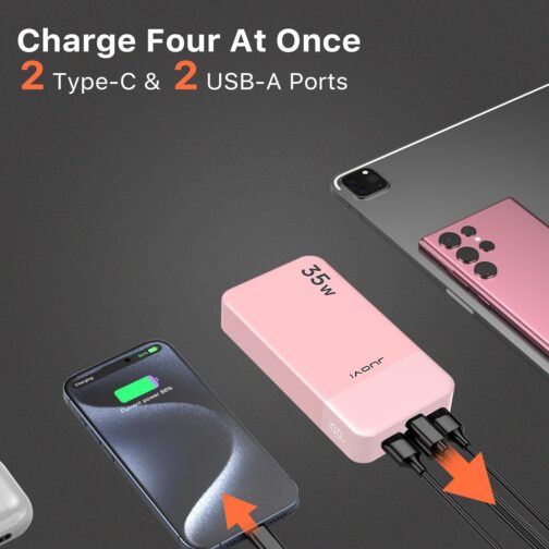 JUOVI J2651 Power Bank, 35 W 20000 mAh USB C In & Out Power Bank, Battery Pack with QC3.0 + PD3.0 35 W High-Speed Charging for Bluetooth Earbud, Mobile Phone, Tablet (Pink) – Bild 5
