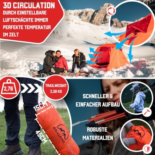 GOALPINE® Zelte für 1 & 2 große Personen | wasserdicht 4000mm | kleines Packmaß | zum Wandern, Bergtouren & Bikepacking | Ultraleicht | 3-4 Jahreszeiten | schneller aufbau – Bild 4