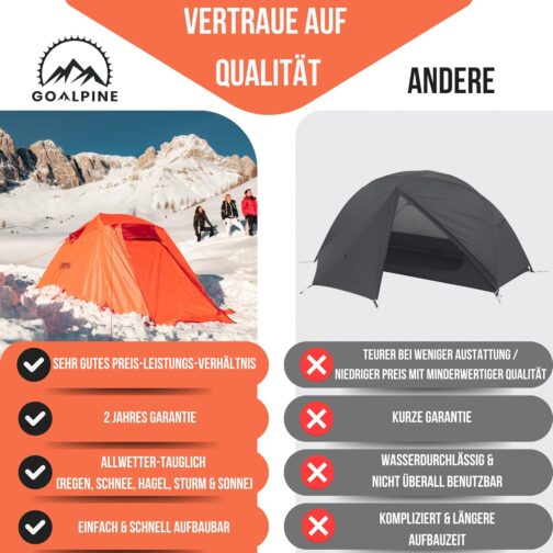 GOALPINE® Zelte für 1 & 2 große Personen | wasserdicht 4000mm | kleines Packmaß | zum Wandern, Bergtouren & Bikepacking | Ultraleicht | 3-4 Jahreszeiten | schneller aufbau – Bild 6