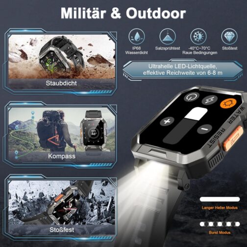 Men's Military Smartwatch, 100 Day Battery Life, LED Torch, Compass, 2 Straps, IP68 Waterproof, 100+ Sports Modes, Sports Watch, Make Calls/Receive Smartwatch Outdoor Fitness Watch for Android iOS – Bild 3