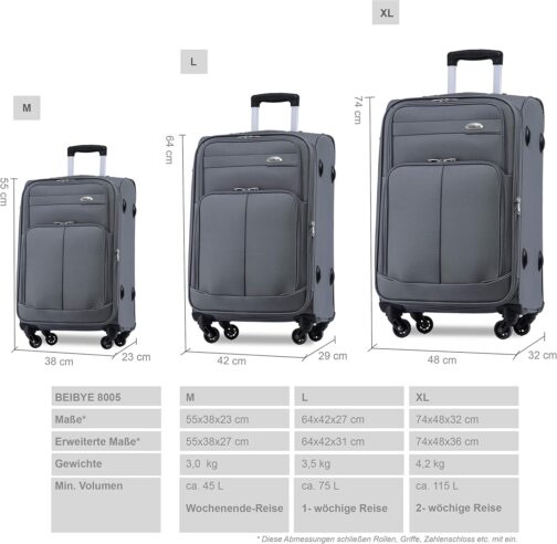 Beibye 4-Wheeled Travel Suitcase, Fabric Case, Hand Luggage, Children's Luggage Suitcase Trolley Set, XL, L, M, gray – Bild 5