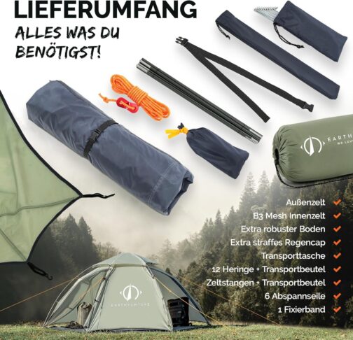 EARTHVENTURE® Camping Tent for 2 People - Waterproof, Quick & Easy Assembly - Ultralight with Small Pack Size - For Outdoor, Festival, Trekking & Motorcycle – Bild 5