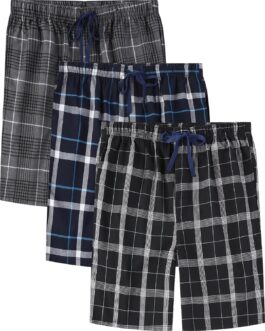 Jveyvth Men’s Short Pyjama Bottoms, Checked Pyjama Bottoms, Pack of 3 with Side Pockets and Elastic Waistband