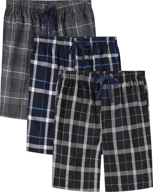 Jveyvth Men's Short Pyjama Bottoms, Checked Pyjama Bottoms, Pack of 3 with Side Pockets and Elastic Waistband