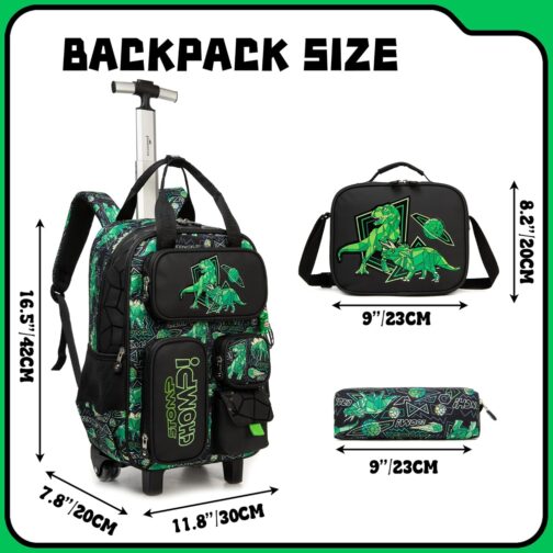 HTgroce Multi-compartment trolley backpack school bag trolley girls boys school backpack trolley school trolley school backpack children's suitcase travel luggage for teenagers, B-Dinosaur – Bild 2