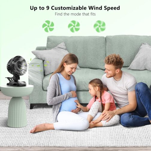 OUILA Mini USB Fan, Table Fan Clip Fan with 9 Speeds, 360° Rotation, Small Fan for Bedroom, Office, Dorm, Car, Camping - Black (USB Powered) – Bild 2