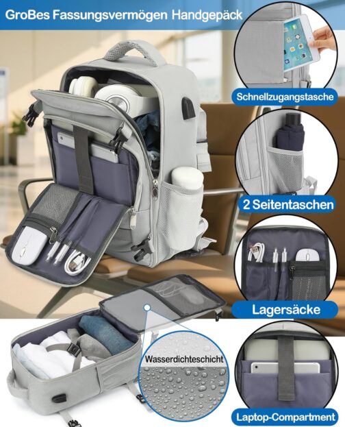 KLOSTAIN Hand Luggage Backpack for Ryanair Small Hand Luggage Backpack Airplane Travel Backpack Bag Laptop Backpack for Men and Women, lightgrey, Fashionable – Bild 4