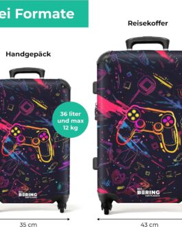 NoBoringSuitcases.com® Children’s Suitcase, Hand Luggage, Hard Case with TSA Lock, Boys and Girls, Trolley, Travel Suitcase, Carry on, Rolling Suitcase, Small or Medium, Gaming – Neon, Suitcase