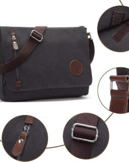Sunborls Men’s and Women’s Shoulder Bag Canvas & Genuine Leather Messenger Bag, School Bag, Student Bag, Commuter Briefcase for 14 Inch Laptop