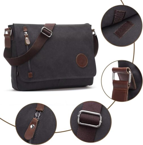 Sunborls Men's and Women's Shoulder Bag Canvas & Genuine Leather Messenger Bag, School Bag, Student Bag, Commuter Briefcase for 14 Inch Laptop – Bild 2