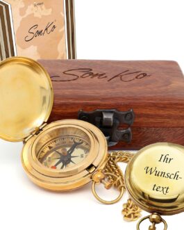 SonKo® Compass Antique Look Nautical Compass – Functional Compass Outdoor as Maritime Decoration or Ship Decoration with Chain Including Elegant Wooden Box Confirmation Gift Communion