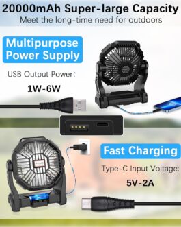 Kssvzz Camping Fan with LED Light, 36 Hours Fan Battery 20000 mAh with Type-C Input USB Output, 4 Level Tent Fan with Hooks for Outdoor Picnic Home Offices, Black