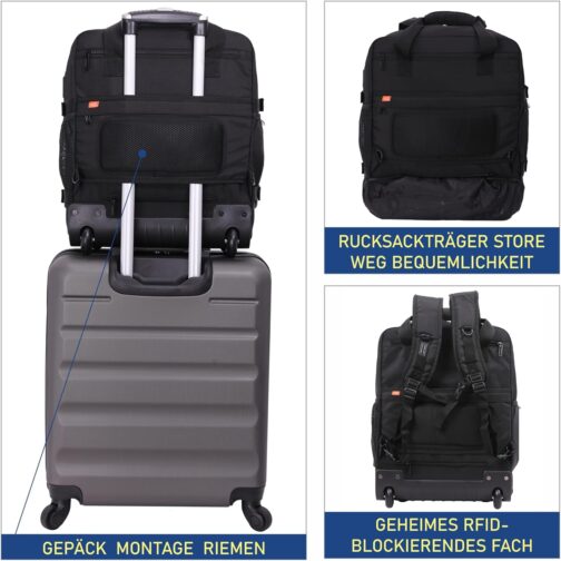 Aerolite Easyjet 2 Wheels Recycled Eco Friendly Backpack with Extendable Handle Travel Luggage 45 x 36 x 20 cm 10 Year Guarantee Black Backpack – Bild 8