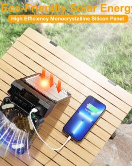 Solar Camping Fan with LED Lamp, Portable USB Table Fan, 8000 mAh Battery, Rechargeable, Foldable Solar Fan with 4 Speeds and 3 Timers for Power Outage, Travel, Fishing, Office