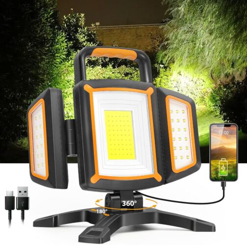 SYLSTAR LED Spotlight Battery 30 W, 3000 LM Super Bright Construction Spotlight with Magnet, 5 Light Modes and Power Bank, Rotatable Portable Waterproof Rechargeable Work Light for Garage, Workshop
