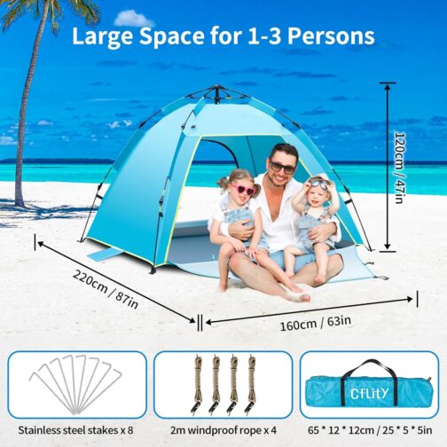 Cflity Beach Shelter, 1-3 Person Automatic Instant Pop Up Beach Tent, UV Protection 50+ Sun Protection, Large Portable Extra Light Pop Up Tent with Double Door for Garden, Fishing, Picnic – Bild 6