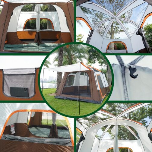 KinZon Camping Tent for 10 Person Waterproof Large Family Tent with 2 Bedrooms, 6 Large Mesh Windows for Picnic, Camping – Bild 6