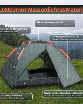Cflity Camping Tent, 3 Person Instant Pop Up Tent, Waterproof, Three Layer Automatic Dome Tent, Large 4 Seasons Tent, Backpacking Tent with Rain-Fly 2 Expandable Porch for Camping