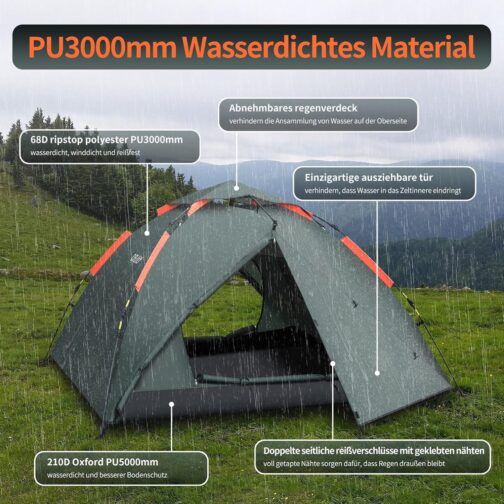 Cflity Camping Tent, 3 Person Instant Pop Up Tent, Waterproof, Three Layer Automatic Dome Tent, Large 4 Seasons Tent, Backpacking Tent with Rain-Fly 2 Expandable Porch for Camping – Bild 2