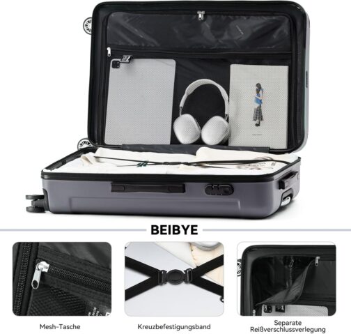 BEIBYE Twin Wheels Hard Case Travel Suitcase Trolleys Hard Shell in XL-L-M in 20 Colours, Business Grey – Bild 5