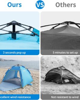 Cflity Beach Shelter, 1-3 Person Automatic Instant Pop Up Beach Tent, UV Protection 50+ Sun Protection, Large Portable Extra Light Pop Up Tent with Double Door for Garden, Fishing, Picnic