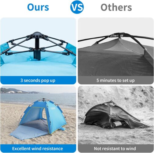Cflity Beach Shelter, 1-3 Person Automatic Instant Pop Up Beach Tent, UV Protection 50+ Sun Protection, Large Portable Extra Light Pop Up Tent with Double Door for Garden, Fishing, Picnic – Bild 2
