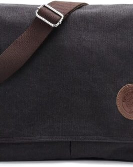 Sunborls Men’s and Women’s Shoulder Bag Canvas & Genuine Leather Messenger Bag, School Bag, Student Bag, Commuter Briefcase for 14 Inch Laptop