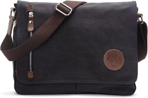 Sunborls Men's and Women's Shoulder Bag Canvas & Genuine Leather Messenger Bag, School Bag, Student Bag, Commuter Briefcase for 14 Inch Laptop