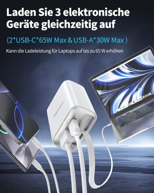 Retractable 65W Wall Charger with Cables, 3-Port USB Charging Block, 65W Quick Charge Charger for iPhone 16/15/14/13/12/11 Series, for iPad, Tablet, Galaxy and More, White – Bild 3