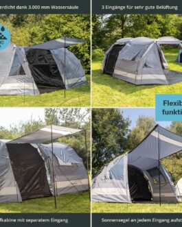 Skandika Kambo Tunnel Tent 6 – 12 People | Tent for 6-12 Men, Waterproof, 3000 mm Hydrostatic Head, 3 Separate Entrances, Awning, Awning Tent, Dark Sleeping Cabin, Camping Family Tent, Large Capacity