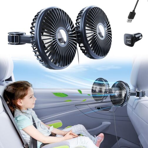 xuenair Car Rear Seat Fan, 360° Rotatable Car Seat Fan for Baby Back-Facing, 3 Speeds Separate Control, Car Cooling Fan, USB Car Fan for Vehicles, SUVs, RV