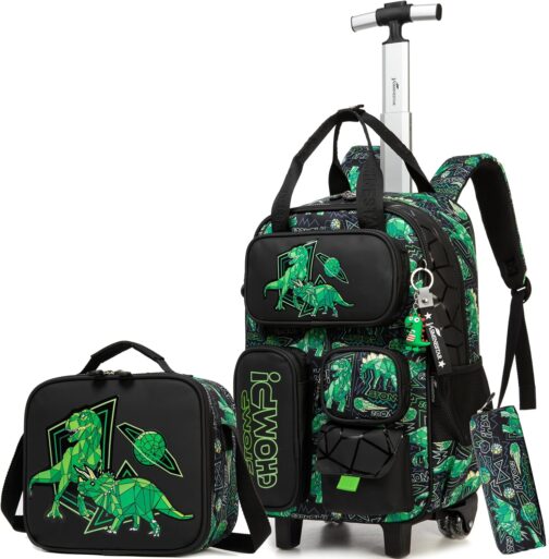 HTgroce Multi-compartment trolley backpack school bag trolley girls boys school backpack trolley school trolley school backpack children's suitcase travel luggage for teenagers, B-Dinosaur
