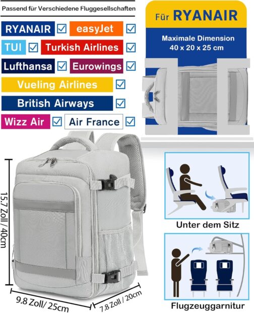 KLOSTAIN Hand Luggage Backpack for Ryanair Small Hand Luggage Backpack Airplane Travel Backpack Bag Laptop Backpack for Men and Women, lightgrey, Fashionable – Bild 2