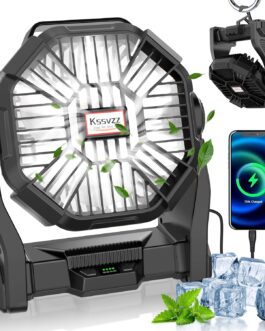 Kssvzz Camping Fan with LED Light, 36 Hours Fan Battery 20000 mAh with Type-C Input USB Output, 4 Level Tent Fan with Hooks for Outdoor Picnic Home Offices, Black