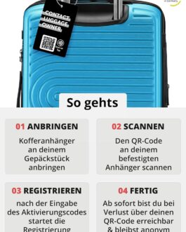 Hauptstadtkoffer Mitte – Set of 3 Suitcases + Digital Luggage Tag – Travel Trolleys (S-M-L) + Luggage Tag with QR Code, 4 Double Wheels, Hard Shell ABS, XL Volume Expansion, TSA, Cyan blue, 55 cm