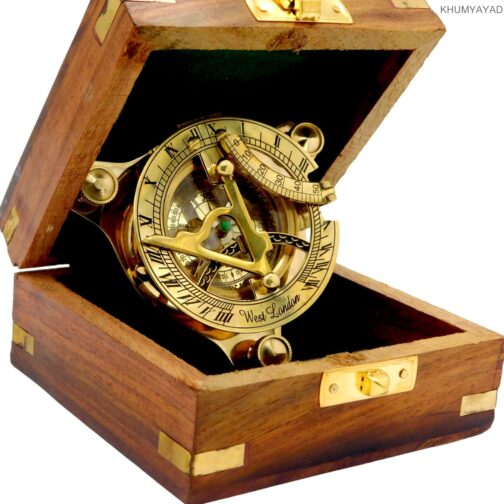 KHUMYAYAD Brass Compass Elegant Traditional 3" Nautical Sundial Compass Antique Brass with Exquisite Wooden Box