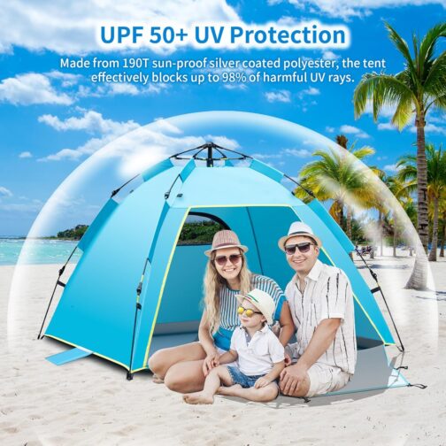 Cflity Beach Shelter, 1-3 Person Automatic Instant Pop Up Beach Tent, UV Protection 50+ Sun Protection, Large Portable Extra Light Pop Up Tent with Double Door for Garden, Fishing, Picnic – Bild 3