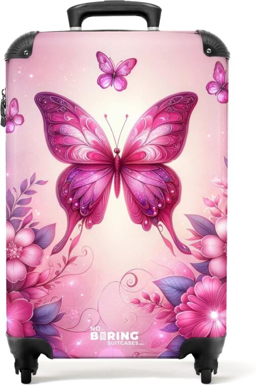 NoBoringSuitcases.com® Children's Suitcase, Hand Luggage, Hard Case with TSA Lock, Boys and Girls, Trolley, Travel Suitcase, Carry on, Rolling Suitcase, Small or Medium, Butterfly - Flowers and