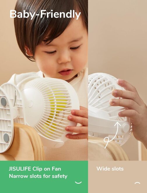 JISULIFE Mini USB Fan, Clip Battery Table Fan, Very Quiet, Small with 4000 mAh Battery, 4 Speed Levels, Max 14 Hours for Bed, Desk, Crib, Pram, Car Seat - White – Bild 3
