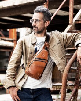 pundarika Leather Chest Bag Men Leather Shoulder Bag Business Leisure Crossbody Bag Travel Work Small Handbag