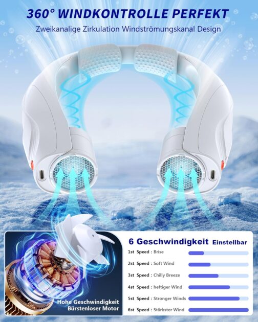 Tomatofrydan Neck Fan, 6000 mAh Portable Personal Fan, 6 Speeds, Neck Fan, Portable with 360° Cooling Airflow, Hands-Free, Personal USB Fan (White) – Bild 3