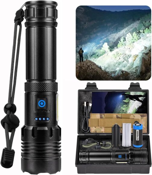 Torch LED Rechargeable 500,000 Lumens, Extremely Bright Zoomable Tactical Torch with 7 Light Modes and Long Operating Time, Waterproof Hand Lamp for Camping, Hiking, Fishing, Outdoor, Emergency