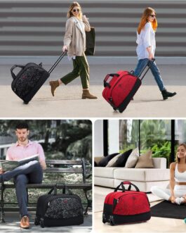 OIWAS Travel Bag with Wheels Small 50L-60L Business Trolley Hand Luggage Sports Bag Weekender Women and Men Extension, Red with card pattern, M