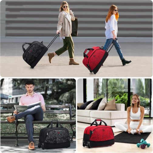 OIWAS Travel Bag with Wheels Small 50L-60L Business Trolley Hand Luggage Sports Bag Weekender Women and Men Extension, Red with card pattern, M – Bild 2